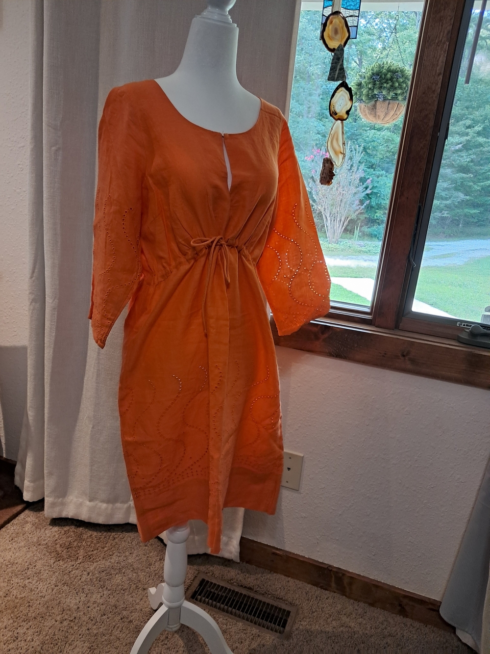 Gretchen Scott Designs Orange Eyelet Embroidered Midi Drawstring Dress Small